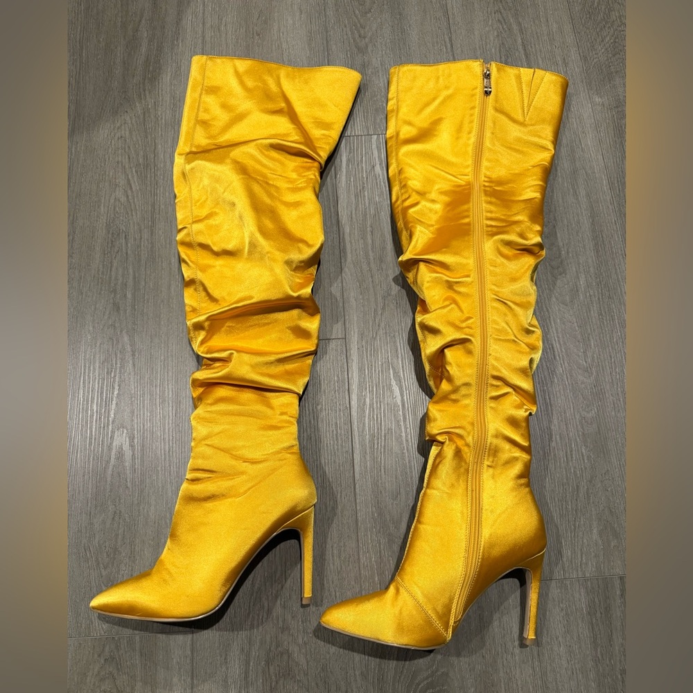 Sexy Yellow Satin Over-the-Knee Stiletto Boots - Women 6.5